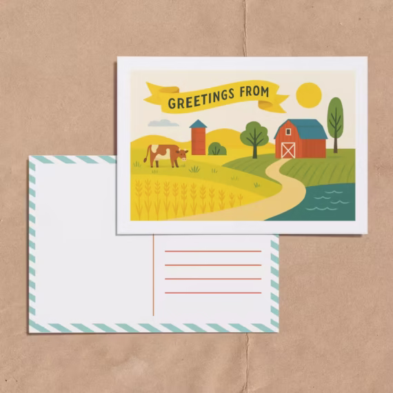 Illustrated DIY postcard for kids featuring a farm landscape. The front includes a “Greetings From” banner with space to write a location. The back shows a traditional postcard layout with an address area and striped border.